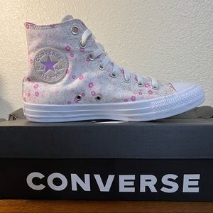 Converse All Stars White & Peony Pink Flowered Hi Tops Sz 9 Women’s